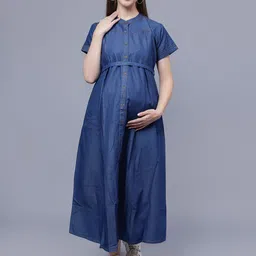 NIGHTSPREE Band Collar Maternity Fit& flare Midi Cotton Dress-picture-16