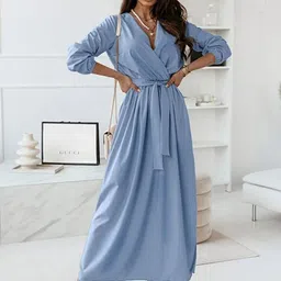 StyleCast Blue V-Neck Puff Sleeves Wrap Maxi Dress-image-86