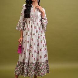 Vishudh White Floral Printed Mandarin Collar Bell Sleeves Tiered Maxi Dress-picture-27