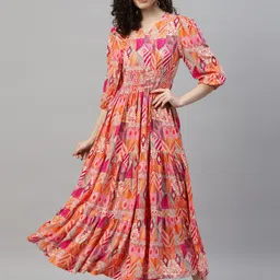 vibes by deebaco DEEBACO Abstract Printed Puff Sleeves V-Neck Smocked Tiered Fit & Flare Maxi Dress-picture-36