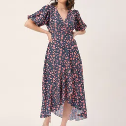 Moomaya V-neck  Floral Print Short Puff Sleeve Midi Dress-picture-37