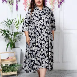 KALINI Floral Printed Mandarin Collar Flared Above Length A-Line Dress image 2