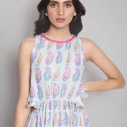 W Blue Floral Omplalodes printed dress with cut-outs waist and gathers. image 2