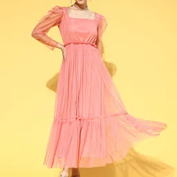 U&F Women Peach-Coloured Solid Tulle Maxi Dress image 2