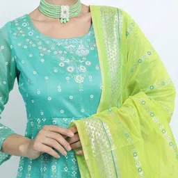 Vishudh Women Turquoise Blue & Green Printed Chanderi Anarkali Kurta With Dupatta image 2