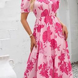 StyleCast x Revolte Floral Printed Asymmetric Neck Puff Sleeves Fit & Flare Midi Dress image 2