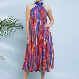 Antheaa Striped Printed Halter Neck A-Line Midi Dress image 2