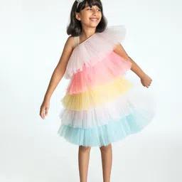 A Little Fable Colourblocked One Shoulder Net Layered A-Line Dress image 5