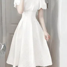 LULU & SKY White Self Design Square Neck Puff Sleeves Fit & Flare Midi Dress image 2