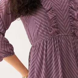 SIDYAL Chevron Self Design Puff Sleeve Georgette Fit and Flare Midi Dress image 4