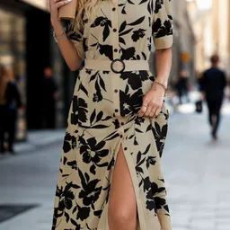 StyleCast Cream & Black Floral Printed Cuffed Sleeves Shirt Midi Dress image 2