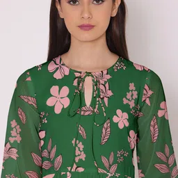 DressBerry Green & Pink Floral Tie-Up Neck Georgette Maxi Dress image 4