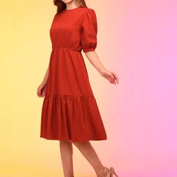 Globus Rust Puff Sleeve Crepe Fit & Flare Midi Dress image 3