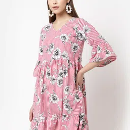 Myshka Peach-Coloured Floral Printed Bell Sleeve Dress image 4