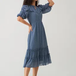 AASK Self Design Puff Sleeves Gathered Tiered Fit & Flare Midi Dress image 5
