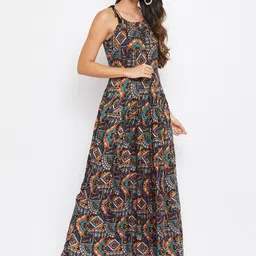 HELLO DESIGN Navy Blue & Orange Ethnic Motifs Maxi Dress image 4