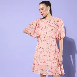 DODO & MOA Peach Floral Flutter Sleeves Dress image 3