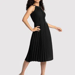 AASK Black Halter Neck Crepe A-Line Midi Dress image 3