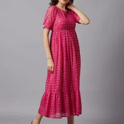 AURELIA Fuchsia & Gold-Toned Ethnic Motifs Ethnic Midi Dress image 3