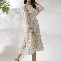 W Polka Dots Print Puff Sleeve Fit & Flare Midi Dress image 3