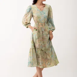 AASK Abstract Printed Puff Sleeve Tiered Gather Detailed Fit & Flare Dress image 4