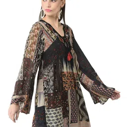 VELDRESS Black Ethnic Motifs Print Flared Sleeve Fit & Flare Dress image 3