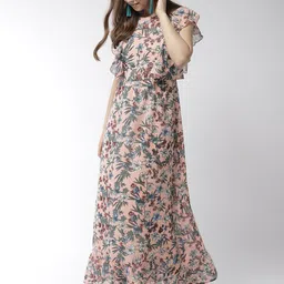 StyleStone Peach-Coloured & Green Floral Georgette Maxi Dress image 4