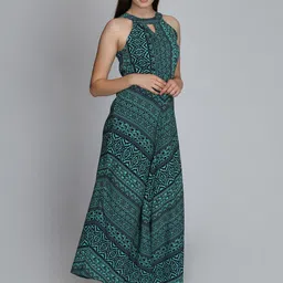 DODO & MOA Green & Black Ethnic Motifs Halter Neck Maxi Dress image 2