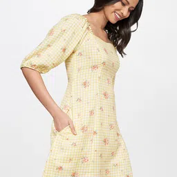 AND Yellow & White Checked A-Line Dress image 3