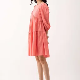 AASK Solid Puff Sleeves Gathered Crepe A-Line Dress image 4
