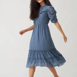 AASK Self Design Puff Sleeves Gathered Tiered Fit & Flare Midi Dress image 2