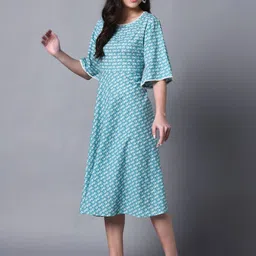 KALINI Floral Printed Bell Sleeve Cotton A-Line Midi Dress image 4