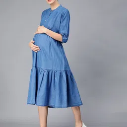 NIGHTSPREE Cotton Denim Maternity A-Line Midi Dress image 4