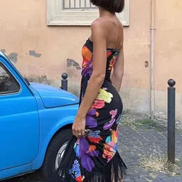 StyleCast x Revolte Black Off-Shoulder Floral Print Fringed Fit & Flare Midi Dress image 4