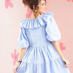 fuchsia PRETTY LOVING THING V-Neck Puff Sleeve Cotton Fit & Flare Dress image 3