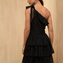 Marie Claire Black Self Design One Shoulder Layered Georgette Fit & Flare Dress image 4