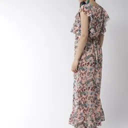 StyleStone Peach-Coloured & Green Floral Georgette Maxi Dress image 3
