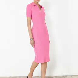 Trendyol Self Design Shirt Collar Acrylic Midi Sheath Dress image 4