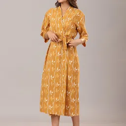 JISORA Mustard & White Ethnic Motifs Printed Pure Cotton Nightdress image 2