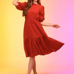 Globus Rust Puff Sleeve Crepe Fit & Flare Midi Dress image 4