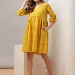 TERQUOIS Women Yellow A-Line Embroidered Two Layered Cotton Dress-picture-17