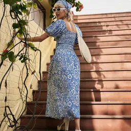 SASSAFRAS Floral Printed Smocked Puff Sleeves A-Line Dress image 5