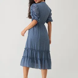 AASK Self Design Puff Sleeves Gathered Tiered Fit & Flare Midi Dress image 4