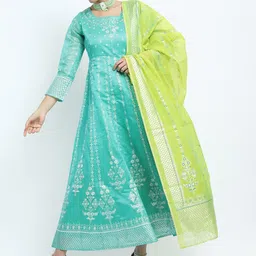 Vishudh Women Turquoise Blue & Green Printed Chanderi Anarkali Kurta With Dupatta image 3