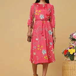 Marigold Lane Floral Printed Puff Sleeve A-Line Midi Dress With Belt image 5