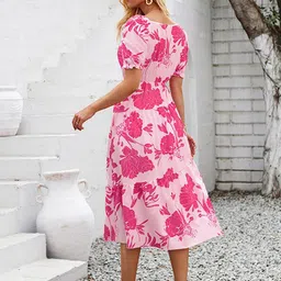 StyleCast x Revolte Floral Printed Asymmetric Neck Puff Sleeves Fit & Flare Midi Dress image 5