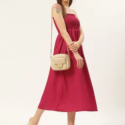 DODO & MOA Magenta Off-Shoulder Crepe Smocked A-Line Midi Dress image 5