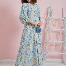 Athena Floral Printed Round Neck Three-Quarter Sleeves Flutter Sleeve Crepe Maxi Dress image 5