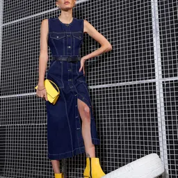 SASSAFRAS Navy Blue Cut-Out Denim A-Line Midi Dress image 5