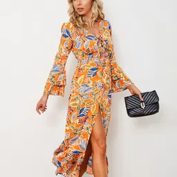 StyleCast Orange & Blue Floral Print Bell Sleeve Cotton Fit & Flare Midi Dress image 3